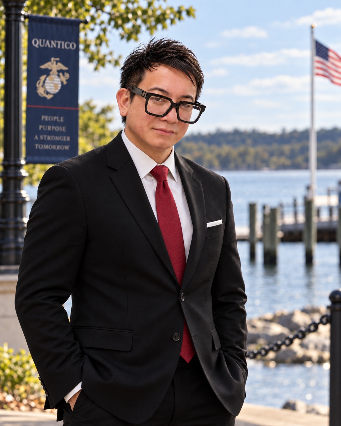 Portrait of André Soriano in a navy suit near a town waterfront