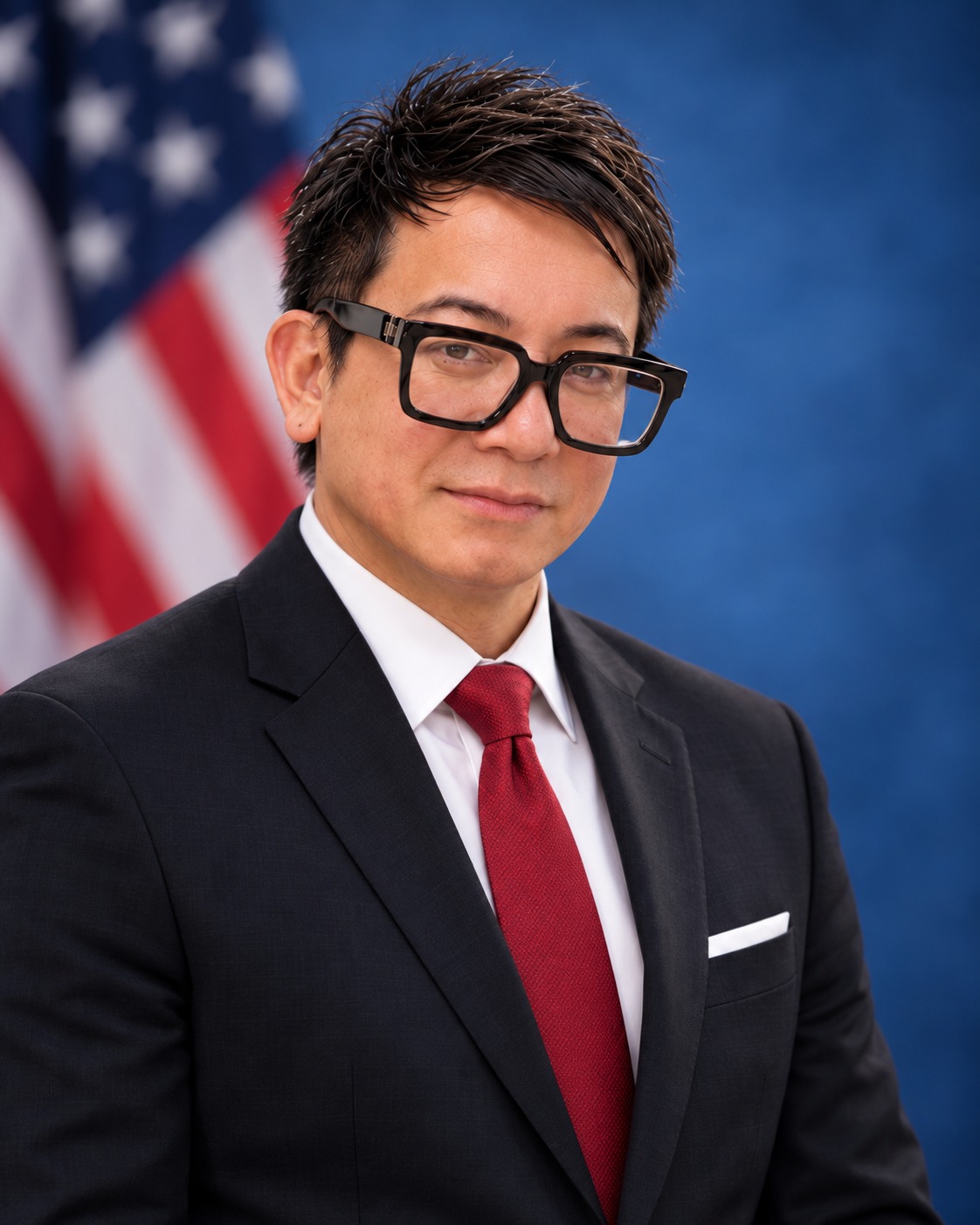 Portrait of André Soriano in a dark suit and red tie, an American flag behind him