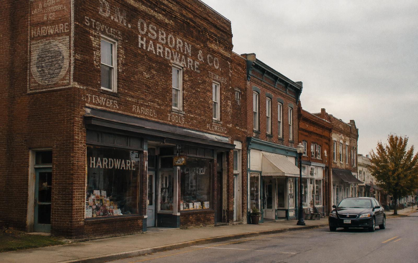 Brick storefronts along a quiet small-town street